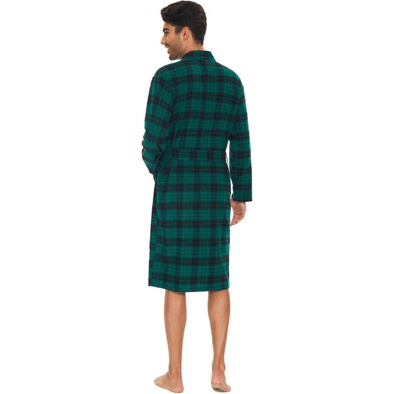 Men's Flannel Robe Knee Length Plaid Bathrobe