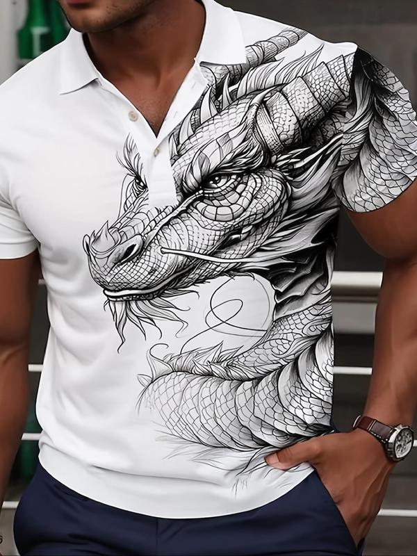 Men's Dragon Print Short Sleeve Polo Shirt, Regular Fit Casual Button Front Collared Top for Summer, Fashion Men's Clothes for Daily Wear