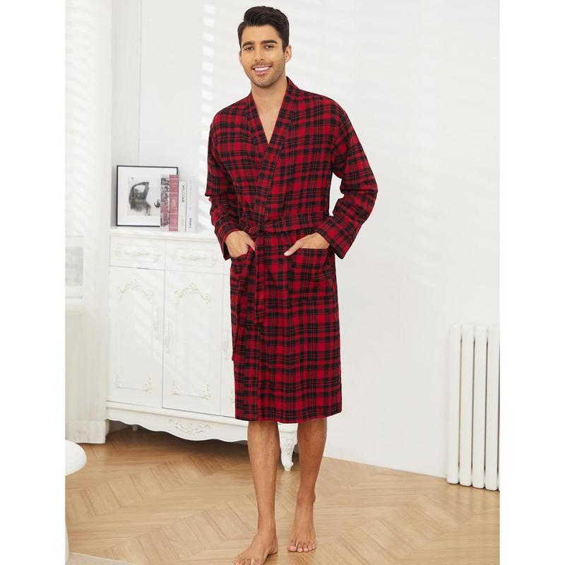 Men's Flannel Robe Knee Length Plaid Bathrobe