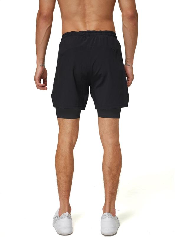 Men's Solid 2 in 1 Drawstring Waist Shorts, Casual Breathable Comfortable Pocket Straight Leg Shorts for Daily Wear, Men's Bottoms for All Seasons