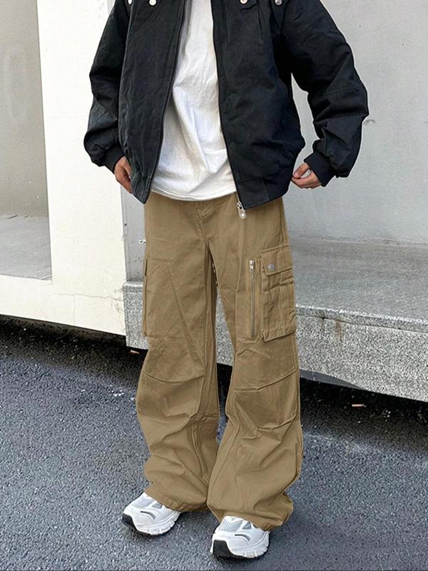 Unisex's Loose Solid Button Drawstring Waist Cargo Pants, Street Fashion Casual Pocket Elastic Waist Wide Leg Trousers for Daily Wear, 2000s Pants, Unisex's Bottoms for All Seasons