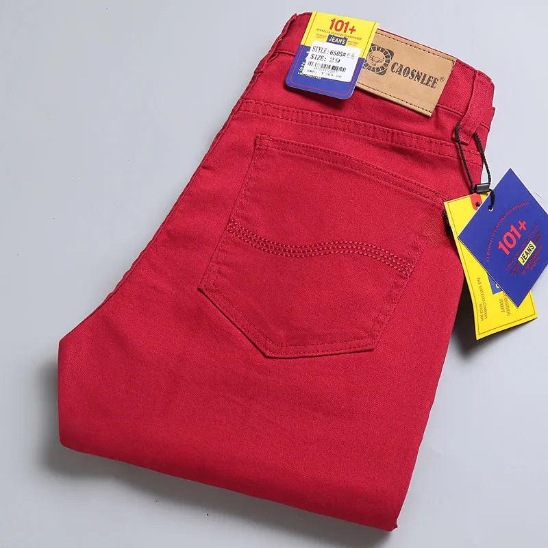 2023 New Autumn Men's Slim Jeans Classic Style Straight Elasticity Cotton Denim Pants Male Brand Wine Red Black White Trousers