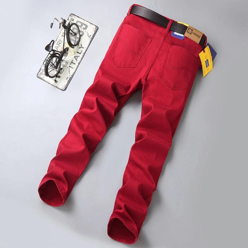 2023 New Autumn Men's Slim Jeans Classic Style Straight Elasticity Cotton Denim Pants Male Brand Wine Red Black White Trousers