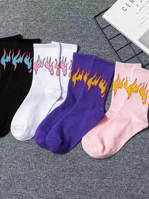 Men's 4 Pairs Fire Pattern Novelty Crew Socks, Anti-odor Ribbed Knit Socks, Street Hip Hop Mid-calf Socks, Multipack Comfy Breathable Socks for Men, Men's Socks & Hosiery