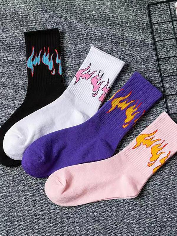 Men's 4 Pairs Fire Pattern Novelty Crew Socks, Anti-odor Ribbed Knit Socks, Street Hip Hop Mid-calf Socks, Multipack Comfy Breathable Socks for Men, Men's Socks & Hosiery