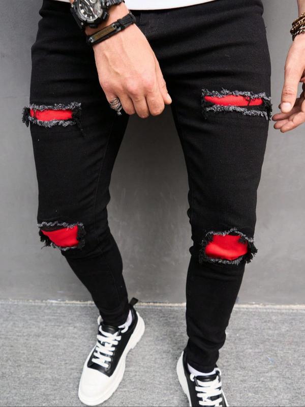 Men's Patchwork Ripped Pocket Skinny Jeans, Casual Comfy Regular Fit Denim Pants for Daily Wear,  2000s Pants,  Fashion Men's Bottoms for All Seasons