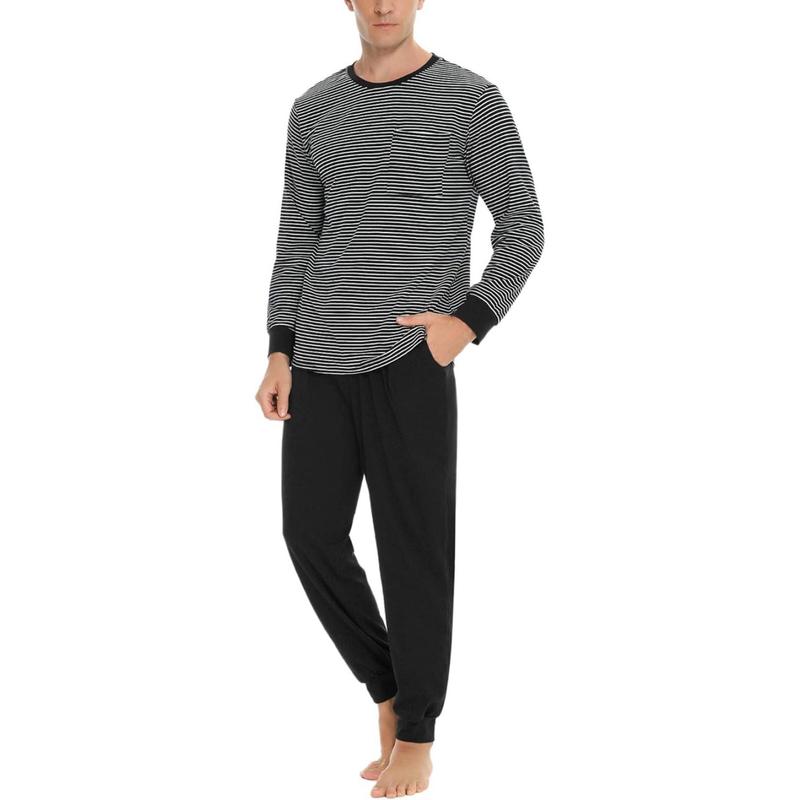 Men's Pajamas Set Long Sleeve Cotton Plaid Loungewear Comfy Striped Sleepwear with Pockets 2 Piece Comfy Pjs Set