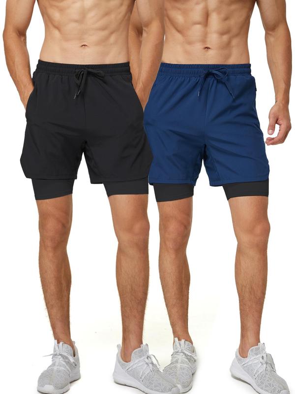 Men's Solid 2 in 1 Drawstring Waist Shorts, Casual Breathable Comfortable Pocket Straight Leg Shorts for Daily Wear, Men's Bottoms for All Seasons