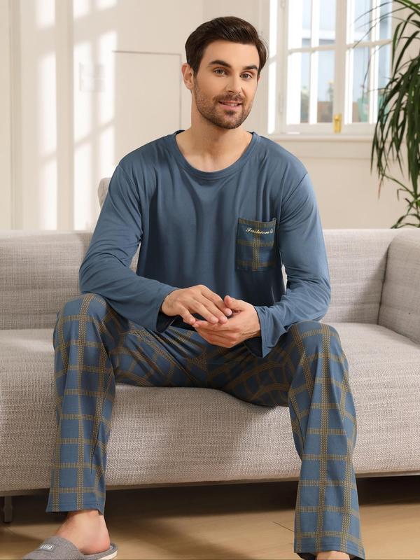 Two-Piece Set Men's Plaid Print Tee & Pants Pyjama, Casual Comfy Round Neck Long Sleeve Top & Trousers PJ Set, Men's Sleepwear for Spring & Fall