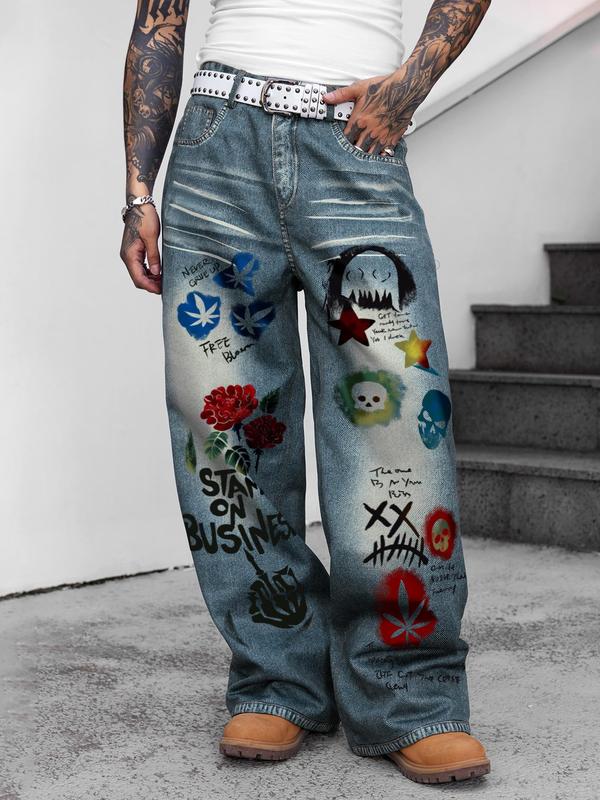 Unisex Men's Graffiti Denim-effect Print Pants, Street Fashion Pocket Design Trousers for Daily Wear, Unisex Bottoms for All Seasons