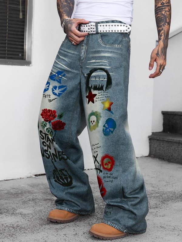 Unisex Men's Graffiti Denim-effect Print Pants, Street Fashion Pocket Design Trousers for Daily Wear, Unisex Bottoms for All Seasons