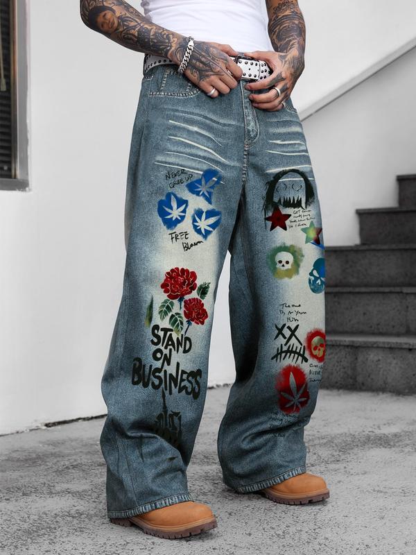 Unisex Men's Graffiti Denim-effect Print Pants, Street Fashion Pocket Design Trousers for Daily Wear, Unisex Bottoms for All Seasons