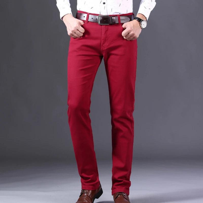 2023 New Autumn Men's Slim Jeans Classic Style Straight Elasticity Cotton Denim Pants Male Brand Wine Red Black White Trousers