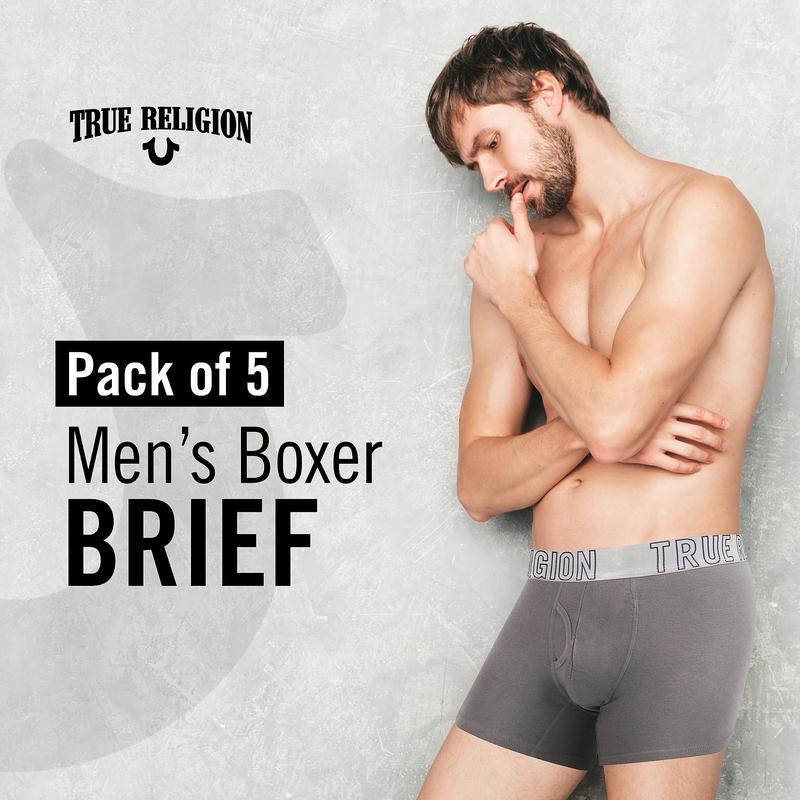 True Religion Cotton Stretch Mens Boxer Briefs, Mens Underwear Pack of 5