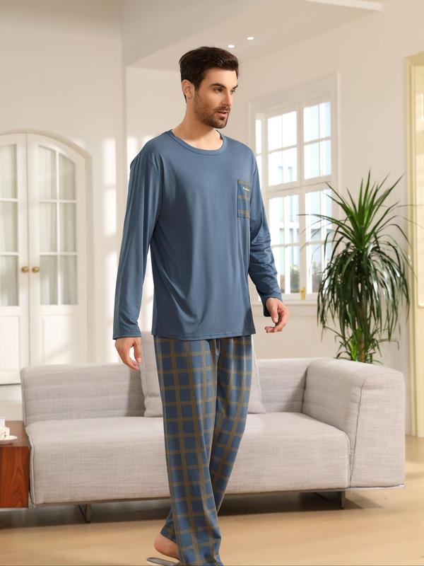 Two-Piece Set Men's Plaid Print Tee & Pants Pyjama, Casual Comfy Round Neck Long Sleeve Top & Trousers PJ Set, Men's Sleepwear for Spring & Fall