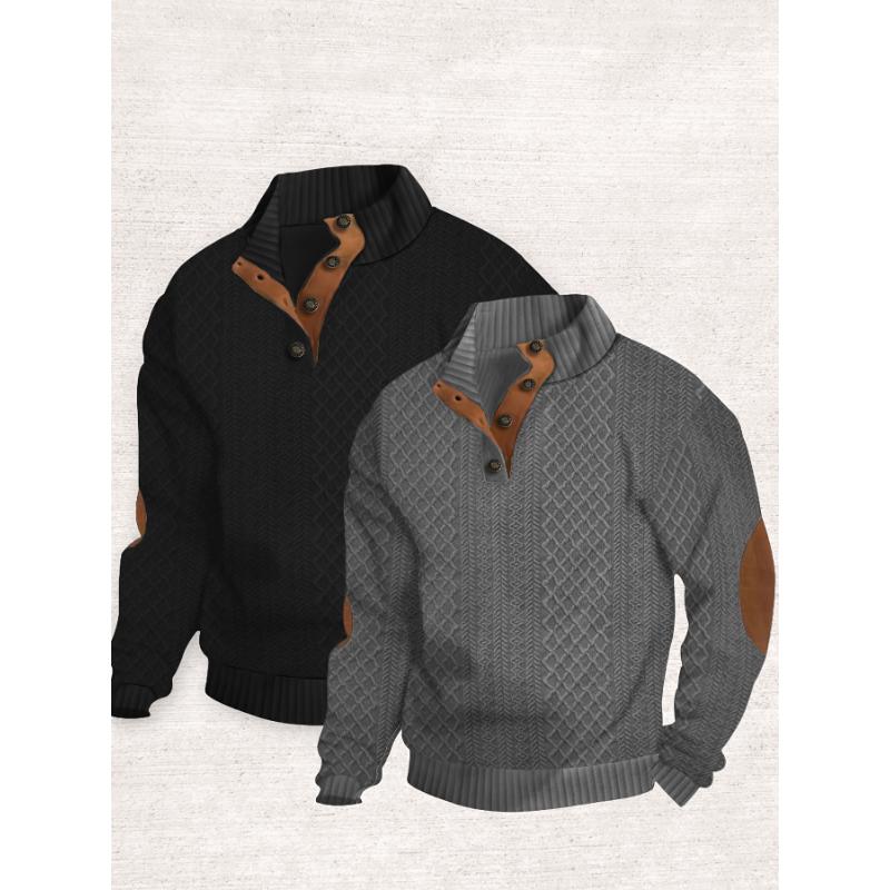 2pcs Men'S Casual Mandarin Collar Knit Sweaters, Polyester Blend, Long Sleeve, Slight Stretch, Solid Color, Button Detail, Regular Fit, for Hiking & Outdoor, Spring Fall Collection