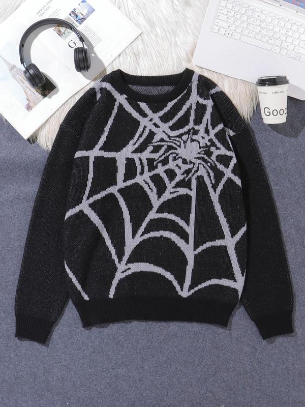 Men's Spider Web Pattern Drop Shoulder Sweater, Regular Fit Casual Long Sleeve Round Neck Jumper for Fall & Winter, Fashion Men's Knitwear for Daily Wear