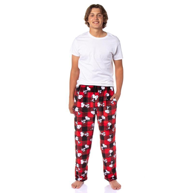 Peanuts Snoopy Men's AOP Character Buffalo Toss Soft Fleece Pajama Pant Lounge Sleep w Side Pockets and Drawstring Waist