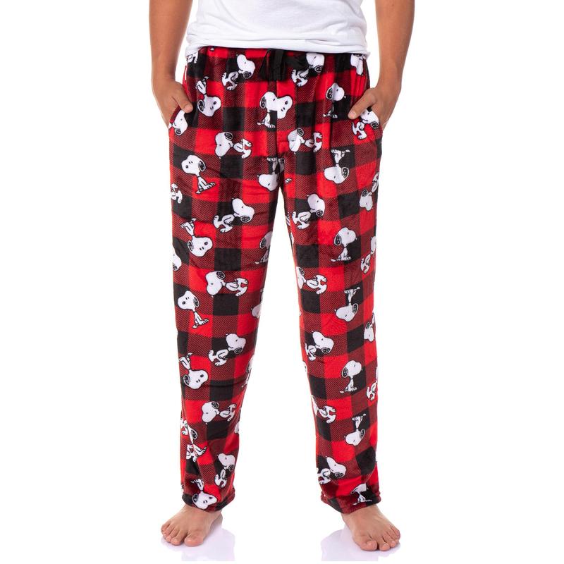 Peanuts Snoopy Men's AOP Character Buffalo Toss Soft Fleece Pajama Pant Lounge Sleep w Side Pockets and Drawstring Waist