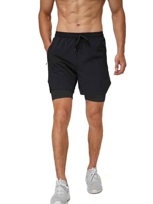 Men's Solid 2 in 1 Drawstring Waist Shorts, Casual Breathable Comfortable Pocket Straight Leg Shorts for Daily Wear, Men's Bottoms for All Seasons