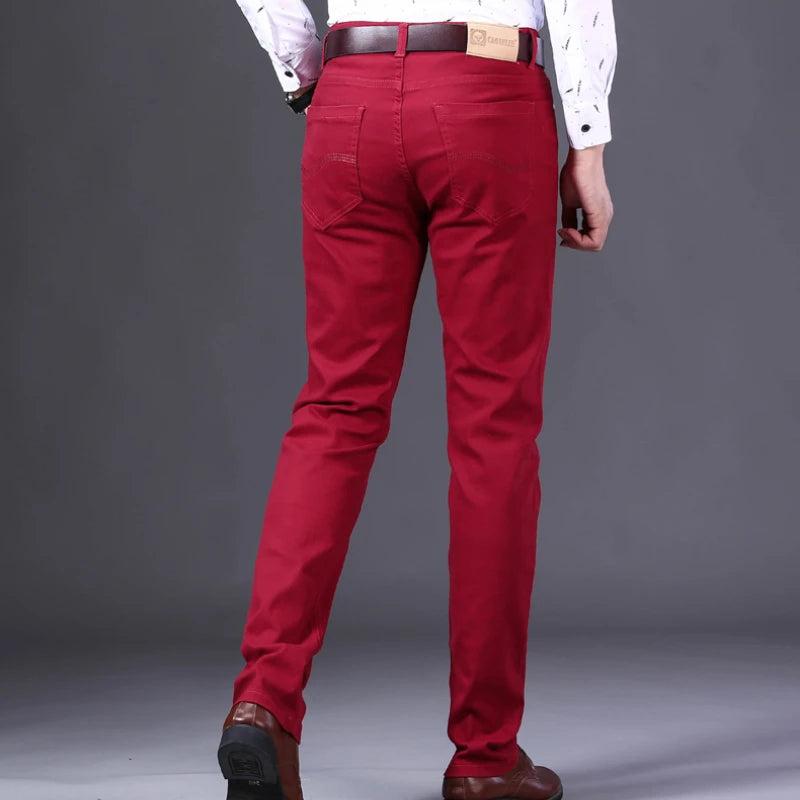 2023 New Autumn Men's Slim Jeans Classic Style Straight Elasticity Cotton Denim Pants Male Brand Wine Red Black White Trousers