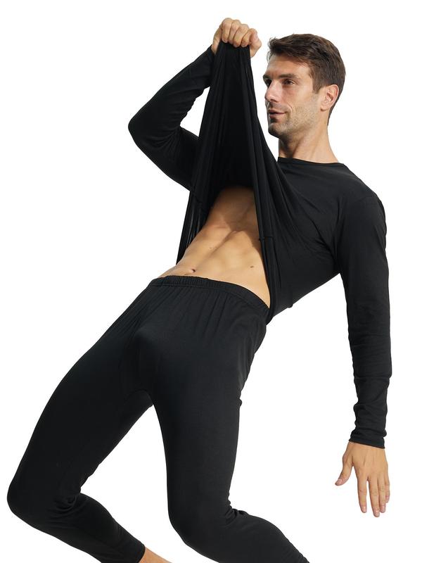 Men's Solid Long Sleeve Thermal Underwear Top, Casual Comfy Round Neck T-shirt for Fall & Winter, Men's Thermal Underwear for Daily Wear