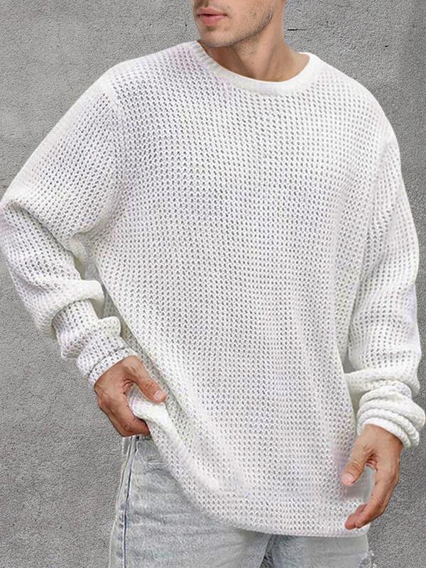 Men's Solid Hollow Out Round Neck Sweater, Casual Long Sleeve Crew Neck Jumper for Fall & Winter, Fashion Cozy Men's Knitwear for Daily Wear