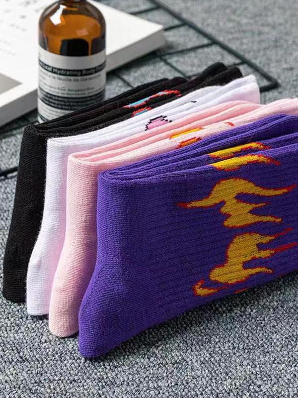 Men's 4 Pairs Fire Pattern Novelty Crew Socks, Anti-odor Ribbed Knit Socks, Street Hip Hop Mid-calf Socks, Multipack Comfy Breathable Socks for Men, Men's Socks & Hosiery