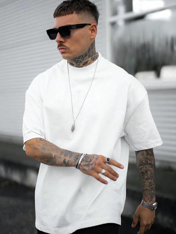 Men's Loose Solid Drop Shoulder Tee, Casual Short Sleeve Round Neck T-shirt for Summer, Men's T Shirts, Streetwear Men's Top for Daily Wear, 90s Clothes