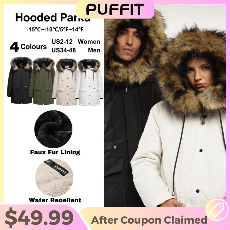 PUFFIT Unisex Faux Fur Mid-Length Hooded Parka With Large Pockets Unisex Coats, Winter Warm Basic Long Sleeve Women's and Men‘s Tops