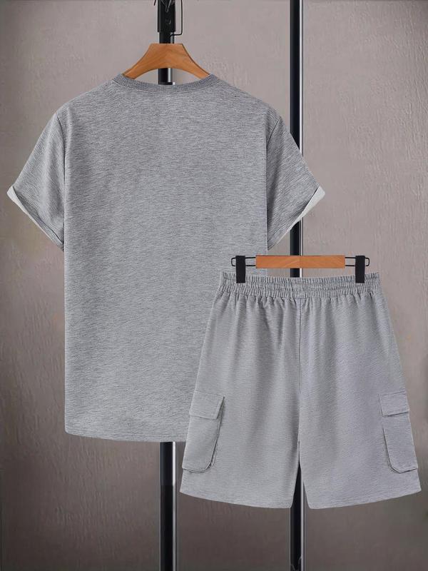 Two-Piece Set Men's Solid Drop Shoulder Tee & Drawstring Waist Shorts Set, Regular Fit Casual Fashion Cozy Round Neck T-shirt & Pocket Cargo Shorts for Daily Workout Running, Outfit Sets for Men, Men Two-piece Outfits for Summer