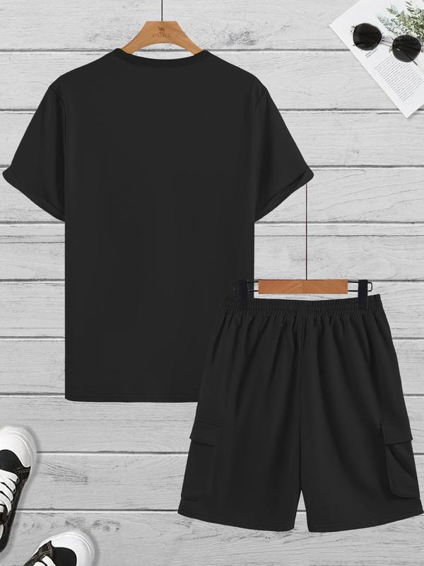 Two-Piece Set Men's Solid Drop Shoulder Tee & Drawstring Waist Shorts Set, Regular Fit Casual Fashion Cozy Round Neck T-shirt & Pocket Cargo Shorts for Daily Workout Running, Outfit Sets for Men, Men Two-piece Outfits for Summer