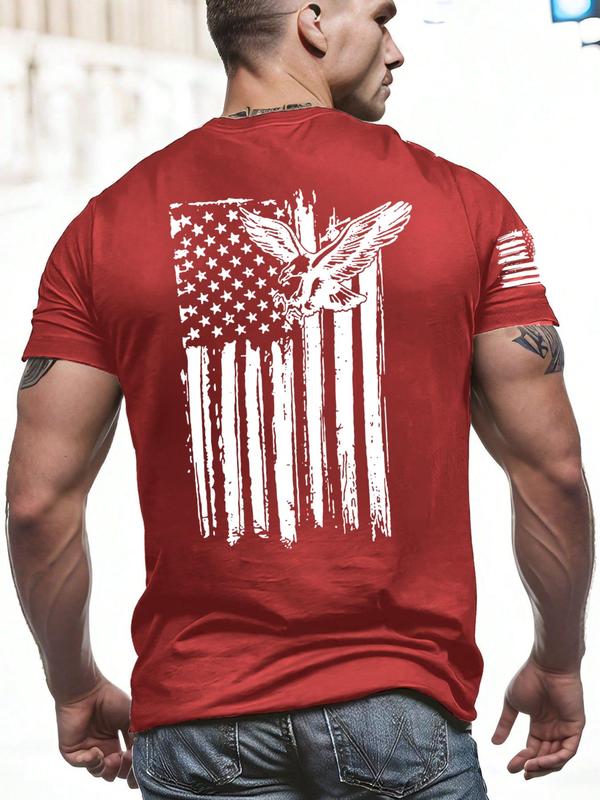 Men's Eagle & Striped Print Round Neck Tee, Regular Fit Casual Short Sleeve Crew Neck T-Shirt for Summer, Fashion Men's Top for Daily Wear