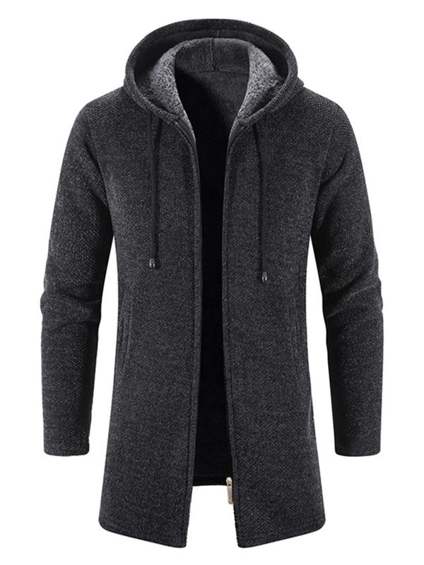 Men's Solid Drawstring Zip Up Hooded Cardigan, Casual Regular Fit Long Sleeve Zip Front Outerwear for Fall & Winter, Men's Clothes for Daily Wear