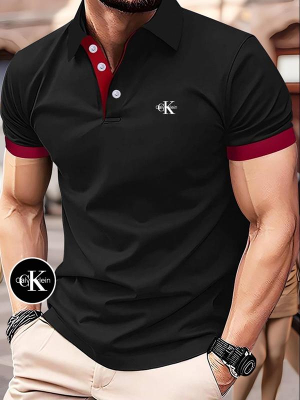 Men's Regular Fit Plain Contrast Trim Polo Shirt, Casual Short Sleeve Button Collar Top for Summer, Fashion Men's Clothes for Daily Wear