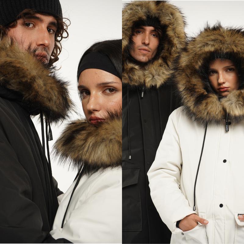 PUFFIT Unisex Faux Fur Mid-Length Hooded Parka With Large Pockets Unisex Coats, Winter Warm Basic Long Sleeve Women's and Men‘s Tops