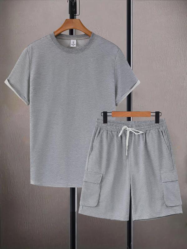 Two-Piece Set Men's Solid Drop Shoulder Tee & Drawstring Waist Shorts Set, Regular Fit Casual Fashion Cozy Round Neck T-shirt & Pocket Cargo Shorts for Daily Workout Running, Outfit Sets for Men, Men Two-piece Outfits for Summer