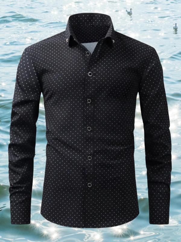 Men's All Over Print Button Front Shirt, Regular Fit Casual Long Sleeve Collared Top for Business Work Office, Men's Clothes for All Seasons