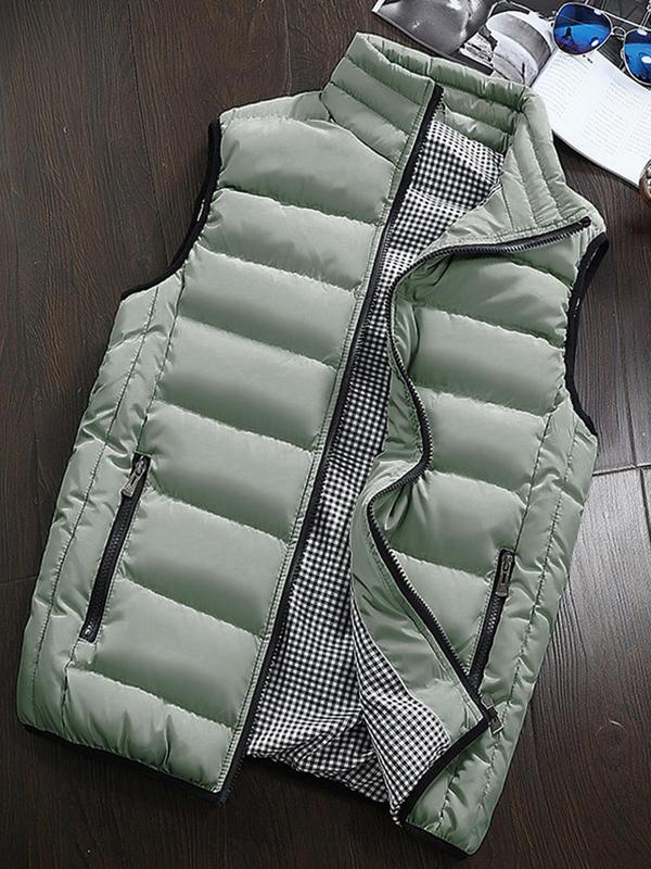 Men's Solid Zip Up Pocket Gilet, Regular Fit Casual Stand Collar Thermal Sleeveless Outerwear for Fall & Winter, Men's Clothes for Daily Wear