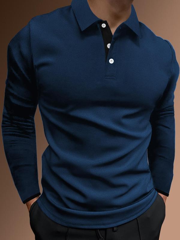 Men's Regular Fit Contrast Binding Button Front Polo Shirt, Men's Clothing Outfits, Casual Long Sleeve Half Placket Collared Top for Summer, Streetwear, Menswear for Daily Wear