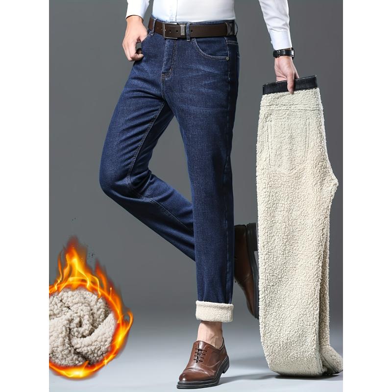 1pc Men's Regular Fit Straight Leg Cotton Blend Fleece-Lined Jeans - Geometric Washed Pattern, Work Casual Style, for Fall Winter, Polyester and Elastane - Geng Yuan Shi Xuan Brand