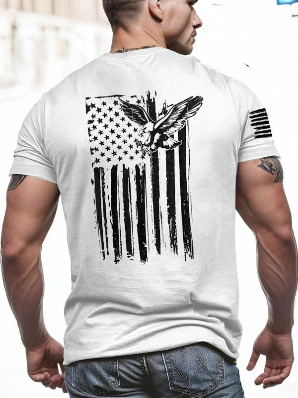 Men's Eagle & Striped Print Round Neck Tee, Regular Fit Casual Short Sleeve Crew Neck T-Shirt for Summer, Fashion Men's Top for Daily Wear