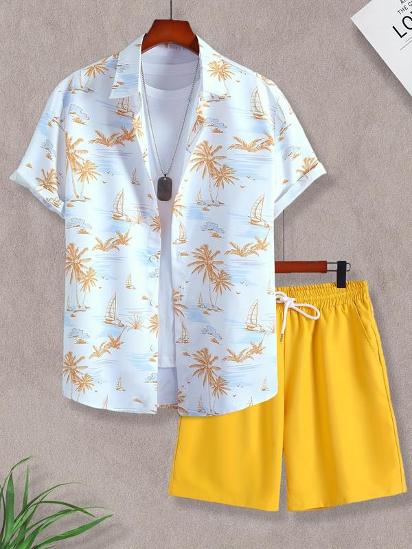 Two-Piece Set Men's Coconut Tree Print Shirt & Plain Drawstring Pocket Shorts Set, Regular Fit Casual Short Sleeve Hawaiian Shirt & Shorts, Summer Clothes for Men