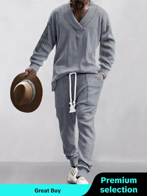 Menswear Two-Piece Set Men's Solid Jacquard Drop Shoulder V Neck Top & Drawstring Waist Pants, Plain Regular Fit Casual Fashion Long Sleeve Pullover & Pocket Trousers for Daily Wear, Men's Two-piece Outfits for Fall & Winter Yeezy 350 Outfits