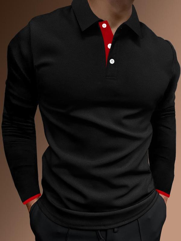 Men's Regular Fit Contrast Binding Button Front Polo Shirt, Men's Clothing Outfits, Casual Long Sleeve Half Placket Collared Top for Summer, Streetwear, Menswear for Daily Wear