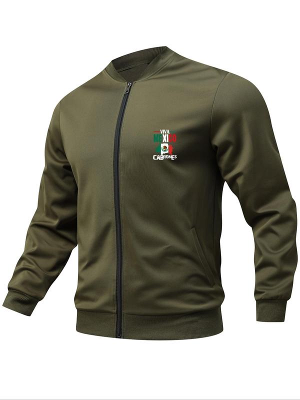 Men's Mexico Flag & Letter Print Zip Up Jacket, Regular Fit Casual Long Sleeve Pocket Outerwear for Daily Wear, Winter Jacket, Fashion Men's Clothes for All Seasons