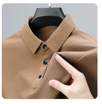 Men's Waffle Long Sleeved POLO Shirt with Letter Printed Lapel Casual Top