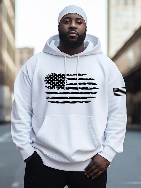  American Flag Print Drop Shoulder Hoodie, Fashion Casual Regular Fit Drawstring Pocket Hooded Sweatshirt for Daily Holiday Outdoor Wear, Men Clothes for Fall & Winter