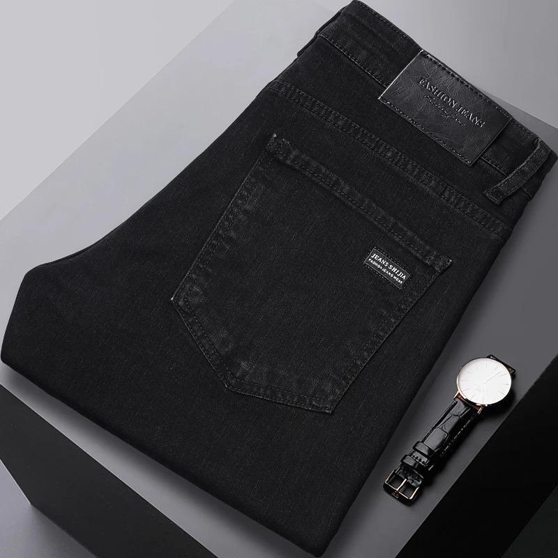 Men's pure black jeans version trendy straight fit pants men's comfortable elastic classic business jeans brand denim trousers