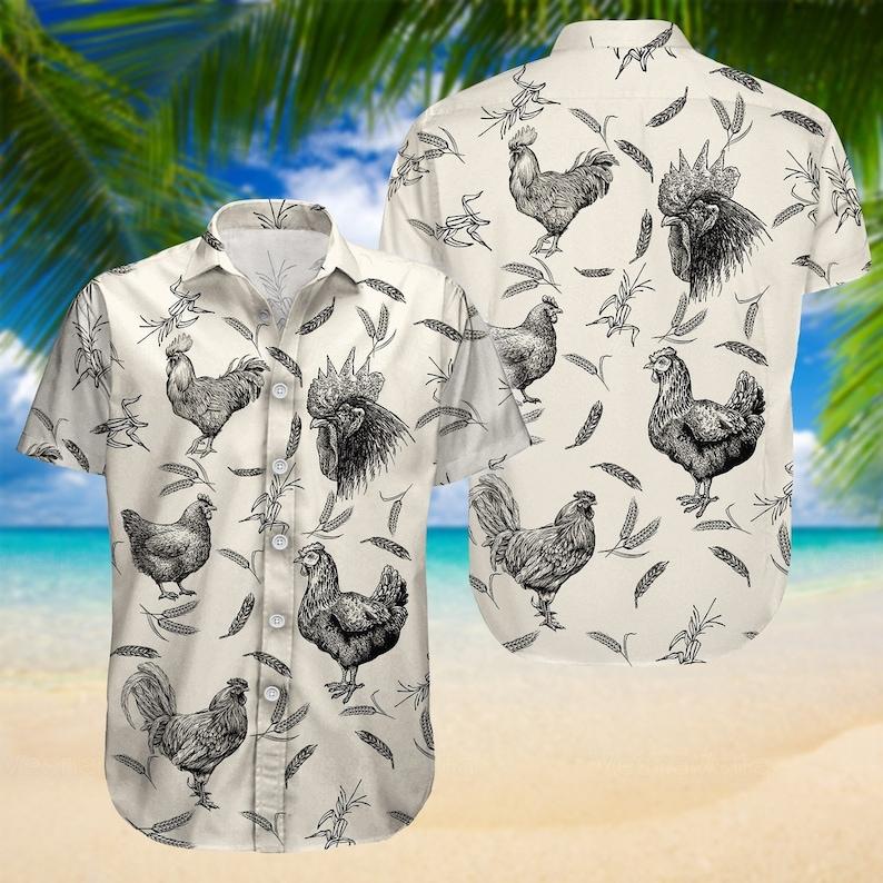 Chicken Hawaiian Shirt, Chicken Shirt, Rooster Hawaii Shirt, Rooster Shirts For Men, Rooster Button Shirt, Rooster Shirt, Button Up Shirt   Menswear Short Shortsleeve